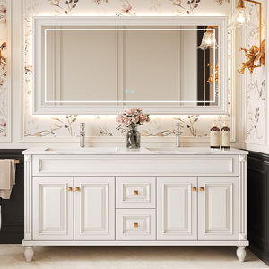 חדר רחצה עץ אלון מודרני שיש חלקה אגן אחד חתיכת מראה חכמה הלבשה שולחן כיור כיור לאגן סט לבית הספר - Product Image 4