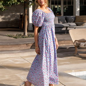 Rivenditore <span class=keywords><strong>Online</strong></span> abito da donna di moda floreale stampato con collo quadrato abito a sbuffo abito estivo Casual elegante - Product Image 4