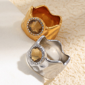 Stainless Steel Hammered Wide Band <b>Ring</b> 18K Gold Plated Citrine Zircon Vintage <b>Statement</b> Finger <b>Ring</b> For Women Jewelry Gift - Product Image 5