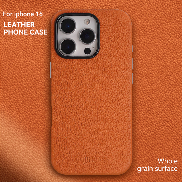 Genuine Leather 16 Pro Max Case Magnetic Function Lichee Pattern Texture Anti-Fingerprint Shockproof 360 Protection Lens