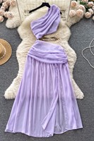 Robe longue en mousseline de soie à une épaule avec découpes et taille froncée pour femme, idéale pour l'été