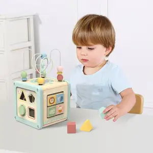 Montessori Activity Cube Beads Toys Multifunctional Game Wooden Educational Treasure Box For Kids