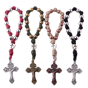 Colorido metálico católico Jesucristo Cruz cuentas de oración joyería <span class=keywords><strong>Rosario</strong></span> pulseras con cuerda de paraguas tejido regalo religioso - Product Image 1