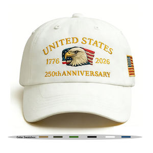 Cappellini da Baseball in Twill di Cotone a 6 Pannelli per il 250° Anniversario, con Aquila Fondatrice USA Termotrasferibile, Unisex Regolabile - Product Image 1