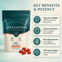 Gélules d'astaxanthine 12 mg liposomales, 120 gélules végétaliennes, supplément OEM personnalisé sous marque privée, qualité 100000, atelier de fabrication propre