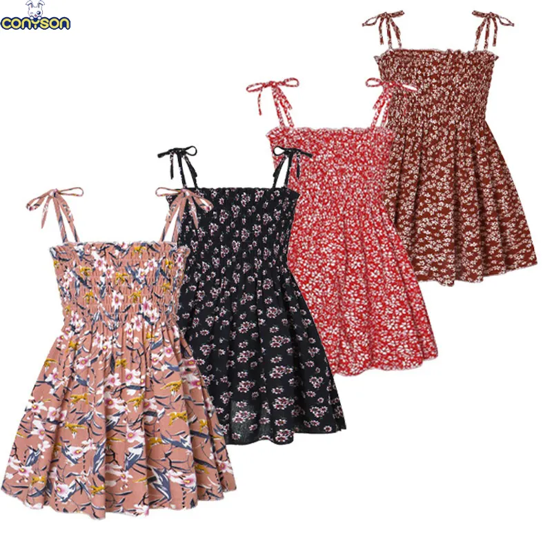 Conyson new arrival Summer design Kids sleeveless young printing Floral clothes beach casual Clothing wholesale Girls slip Dress