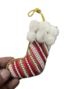 Red and white beaded <b>stocking</b> <b>Xmas</b> decoration artisan embroidered Christmas <b>stocking</b> ornament India manufacturer supplier - Product Image 3