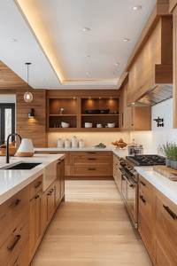 Armoires de <span class=keywords><strong>cuisine</strong></span> contemporaines en bois grainé sur mesure, <span class=keywords><strong>cuisine</strong></span> moderne en placage de noyer à panneaux plats avec îlot central pour la rénovation de la maison - Product Image 4