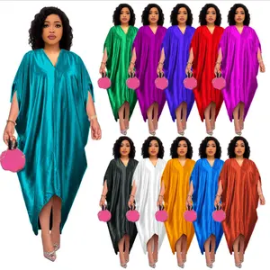 2022 느슨한 중반 드레스 여성 아프리카 한 사이즈 이슬람 Batwing 슬리브 여성 단색 V 넥 드레스 캐주얼 가운 femme vestidos