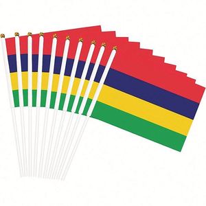 Drapeau miniature de Maurice en polyester, agité à la main, 5,5x8,2 pouces, décorations avec bâton en plastique - Product Image 1