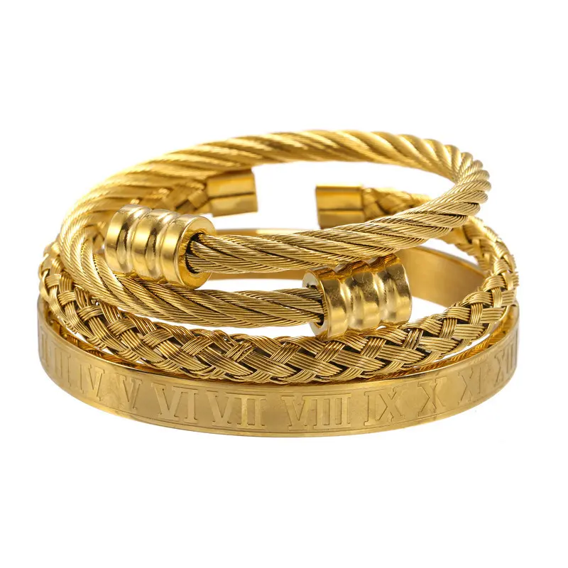 Fashion 3Pcs/Set Classic Royal Roman Bracelet Set 18K Gold Plated Custom Luxury Men Cuff Roman Numerals Stainless Steel Bangles