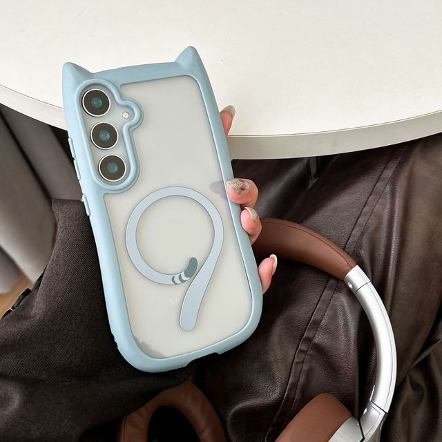 Ins-style Phone case with Cat's Ears Shape and cat Tail Magnetic Ring, Suitable for Samsung S25/S24/S23