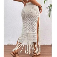S M L Mujeres Textura de punto Sarong Faldas Sexy High Slit Tassel Cover-Up Beach Summer Vacation Falda envuelta Bikini Cover up