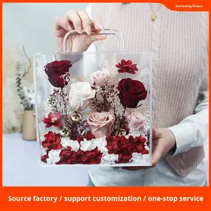 D411 Fleurs séchées multi-occasions, fleurs éternelles, boîte à fleurs carrée à main, boîte cadeau en PVC transparent fini - Product Image 2