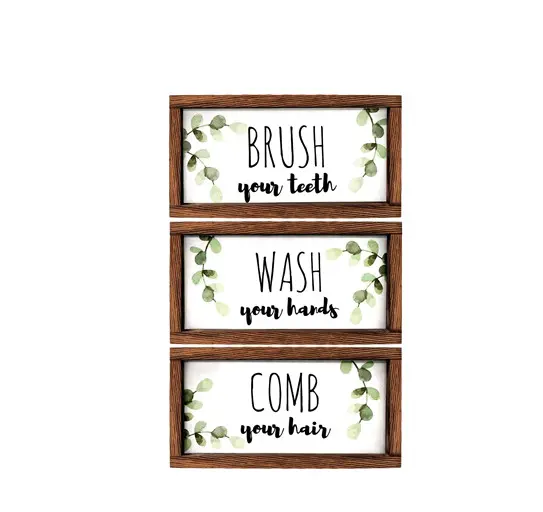 バスルームサイン & プラーク (3個セット) 手を洗う歯を磨く髪をとかす装飾的な素朴な木製農家の壁の装飾