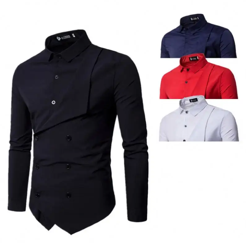 थोक पुरुषों नई आगमन अदालत शैली डबल-ब्रेस्टेड शर्ट लंबी आस्तीन लेपल कॉलर बटन ठोस रंग आकस्मिक शर्ट