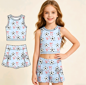 Conjuntos de ropa para hermanas: Camiseta informal y linda para bebé niña, chaleco, falda con borde festoneado, pantalones cortos, skorts, con lazos de fútbol personalizados para el día del partido - Product Image 1