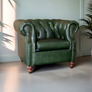 Sillón Vintage de Cuero Genuino Verde con Mechones, Estilo Mediados de Siglo, para Sala de Estar, Dormitorio, Estilo Inglés, Finales del Siglo XX - Product Image 3