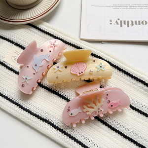 Pince à cheveux incurvée en acétate de cellulose avec strass 3D animaux marins faits à la main, style coréen classique, accessoires pour femmes, été - Product Image 1