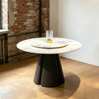 Moderner Runder Esstisch aus Kunststein mit Drehplatte, Kohlenstoffstahl-Standfuß, Luxuriöser Marmor-Look für Restaurants