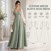 Robe longue pour femme en maille transparente tissée lisse avec appliques florales, manches bouffantes, col cœur, coupe trapèze, pour occasions spéciales, vente en gros