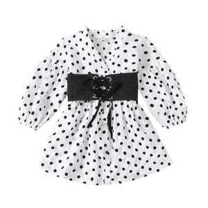 Hao Baby Girl Polka-dot Com Decote Em V Saia Denim Stretch 2 Peças Conjunto Pouco Vestido Da Menina