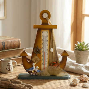 Termómetro náutico retro con ancla, escala decorativa de madera para interiores con diseño de conchas marinas y pájaros para uso doméstico. - Product Image 1