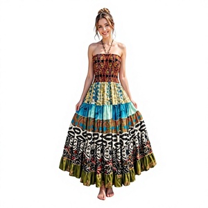 NEW 2026 Bohemian Patchwork Strapless <b>Maxi</b> Dress Rayon Silk Vintage Ruffle A-Line High Elastic Summer Dress - Product Image 1