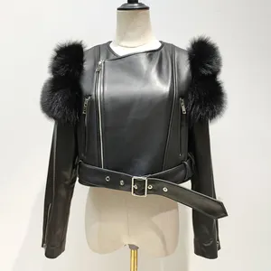 Drop Shipping Motorcycle Leather Fur Coat Women Black Sheepskin Leather Crop Jacket With Shoulder Fox Fur