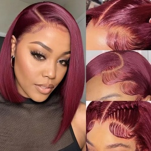 Peluca de Cabello Humano Liso Corto <span class=keywords><strong>Bob</strong></span> 99j Borgoña Pre-arrancada con Color, Encaje Frontal Completo HD Transparente 13x4, 10-14 Pulgadas, 200 Densidad - Product Image 4