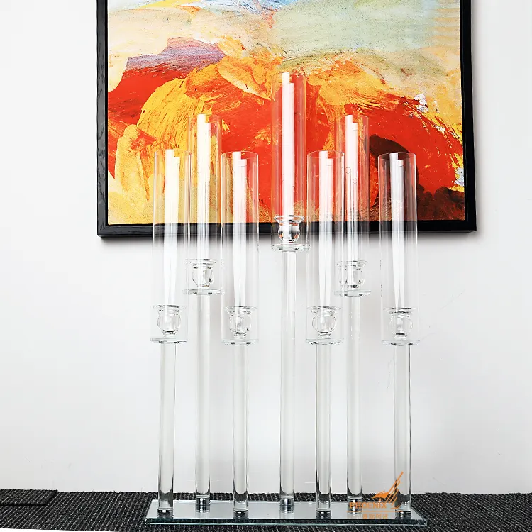 Base retângulo de 75 cm para mesas, candelabros com base em 7 braços de cristal, tubos de vidro, suporte de velas, decoração de mesa