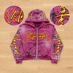 Fabricante de Ropa, Sudadera con Capucha Personalizada para Hombre, Estilo Y2K Grunge, Lavado Ácido, Color Magenta, con Tachuelas, Estampado Agrietado, Cierre Completo - Product Image 3