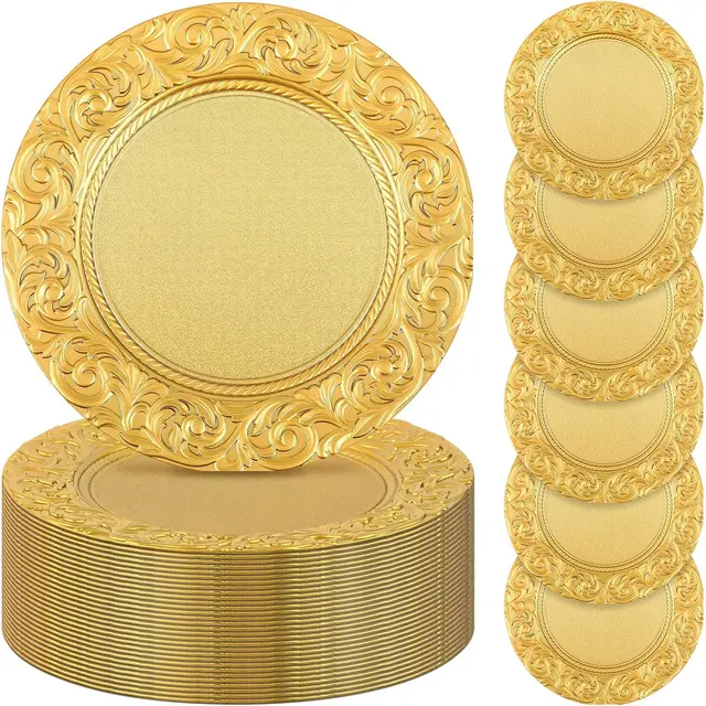 Piatti caricabatteria in goffratura da 13 "in oro antico piatti di plastica rotondi per decorazioni per la tavola di nozze