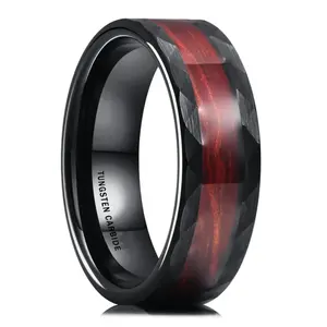 Fashion Jewelry Nature Koa Wood Inlay Hammered Multi-faceted Finish Edge 8mm Black Tungsten Carbide Ring For Men Rings