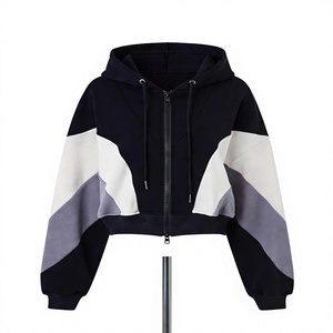 Sweat-shirt court à capuche zippé pour femme, color block, épaules tombantes, tricoté, mode automne - Product Image 1