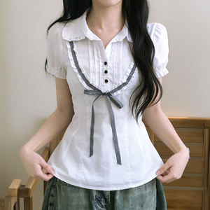 Camisa Vintage de Verano de Manga Corta Tejida con Cuello en V y Ribete de Encaje en Contraste, Estilo Preppy y Lindo - Product Image 1