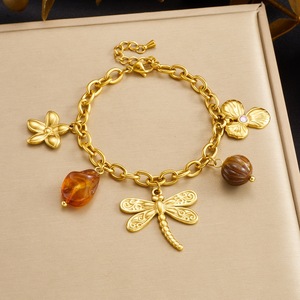Fashion Charm Bracelet Gold Plated Flower Dragonfly Pendant Zinc Alloy Women's Jewelry Gift B2141 - Product Image 1