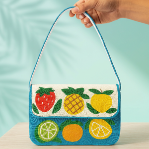 Turquoise <b>Pearl</b> Embroidered Soft Cocktail Clutch <b>Bag</b> with Lemon Martini Design for Evening Party - Product Image 3