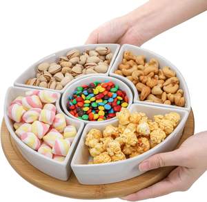 <span class=keywords><strong>Plateau</strong></span> rond en bois bambou <span class=keywords><strong>fromage</strong></span> Snack petit déjeuner salade Dessert <span class=keywords><strong>plateau</strong></span> de fruits avec assiette en céramique amovible bol plats - Product Image 5