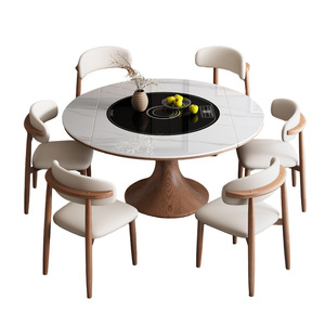 Round Solid <b>Wood</b> Slab <b>Dining</b> <b>Table</b> With Induction Cooker Smart Electric Turntable For <b>Dining</b> Room - Product Image 4