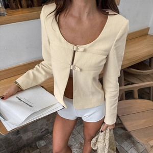 Abrigo de Otoño Elegante e Informal con Cuello en U para Mujer, Color Albaricoque, a la Moda - Product Image 2