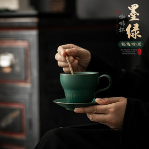 Juego de taza y platillo de cerámica verde oscuro, taza de café de cerámica rústica, taza para desayuno, uso para té de la tarde - Product Image 4