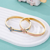 Bracelet ouvert géométrique en acier inoxydable plaqué or 18 carats avec émail et zircon, motif trèfle à quatre feuilles, anti-décoloration, bijoux de luxe pour femmes