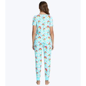 Ensemble de pyjama pour femmes, col en V, manches courtes, pantalon de jogging, vêtements de nuit, vêtements de détente, tissu tricoté doux, ensemble deux pièces - Product Image 5