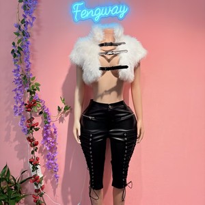 Completo Due Pezzi Sexy da <span class=keywords><strong>Donna</strong></span> con <span class=keywords><strong>Pantaloni</strong></span> <span class=keywords><strong>in</strong></span> Pelle Allacciati e Giacca <span class=keywords><strong>in</strong></span> Ecopelliccia per Outfit da Discoteca - Product Image 3