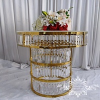Plateau de gâteau de mariage en acier inoxydable doré, électroplaté, avec des gouttes de cristal en verre acrylique pour les fêtes, les événements, les décorations de mariage