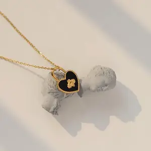 Gogem Italian Design Black Heart Lock Necklace Tarnish Free Gold Insect Bee Heart Pendant for Women