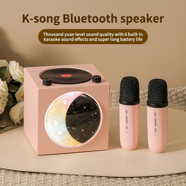 Pink Portable Karaoke BT Speaker Dual Wireless Microphones Retro Vinyl Starry LED Light Sound Effects Rechargeable Home