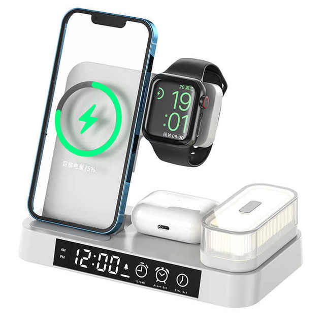 4 in 1 Foldable Fast Phone Wireless Charger Station Stand With RGB Night Light Alarm Clock for iPhone Airpod Smart Watch Earbuds