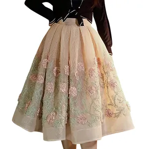 CHICEVER חדש סגנון חצאית פרח רקמת קפלים נטו חוט ארוך מזדמן אלגנטי חצאיות לנשים
